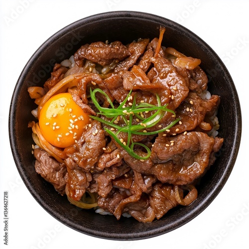 Gyudon Beef Bowl with Egg, Top View Isolated on a White Background