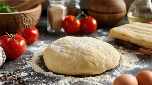 Fresh lasagna dough with ingredients like tomato sauce, cheese, basil, garlic, minced meat, italian cuisine, homemade pasta preparation scene