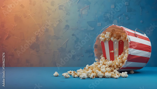 Spilled Popcorn in Red and White Striped Bucket on Blue Surface