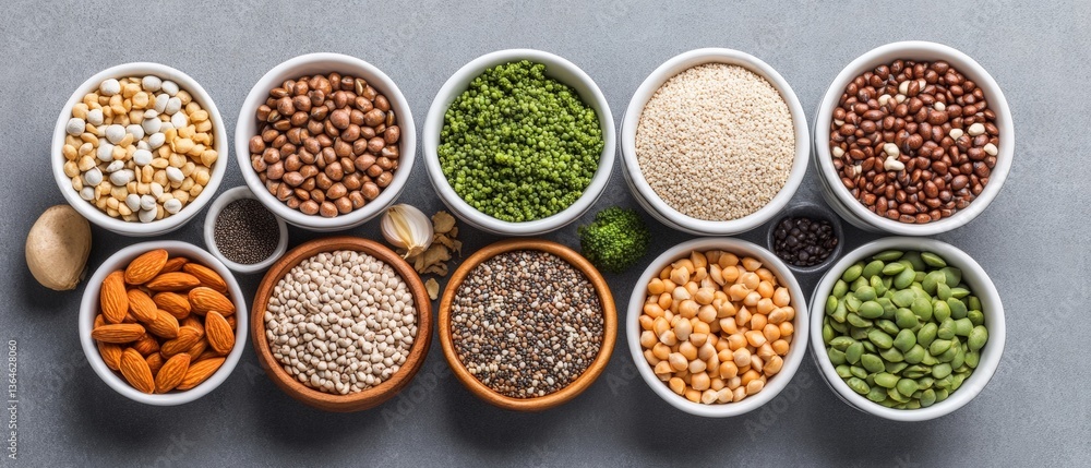 Overhead View of Ten Bowls Filled with Assorted Seeds, Nuts, and Legumes Such as Almonds, Chia Seeds, Quinoa, and Lentils on a Gray Surface Overhead View of Ten Bowls Filled with Assorted Seeds, Nuts, and Legumes Such as Almonds, Chia Seeds, Quinoa, and Lentils on a Gray Surface