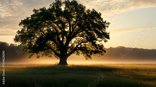 Majestic oak tree stands alone in a misty field at sunrise surrounded by soft light and golden fog