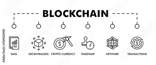 BLOCKCHAIN banner web icon vector illustration concept with icon of data, decentralized, crypto currency, timestamp, network and transactions 