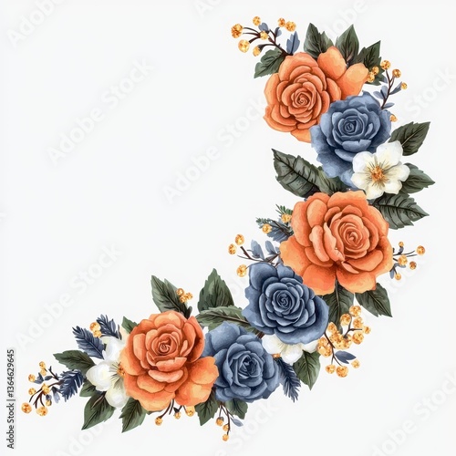 Watercolor Floral Corner Border Design with Dusty Blue and Burnt Orange Roses