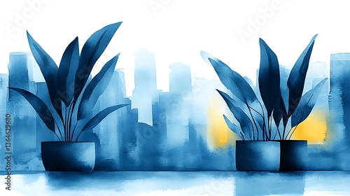 Blue cityscape with potted plants.