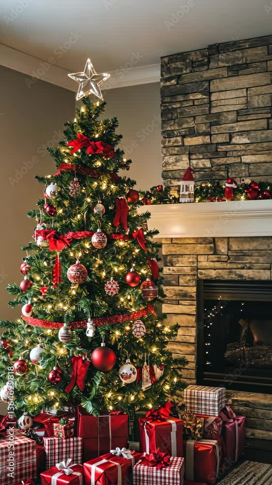 Festively decorated Christmas tree standing proudly beside a warm fireplace in a cozy living room Festively decorated Christmas tree standing proudly beside a warm fireplace in a cozy living room