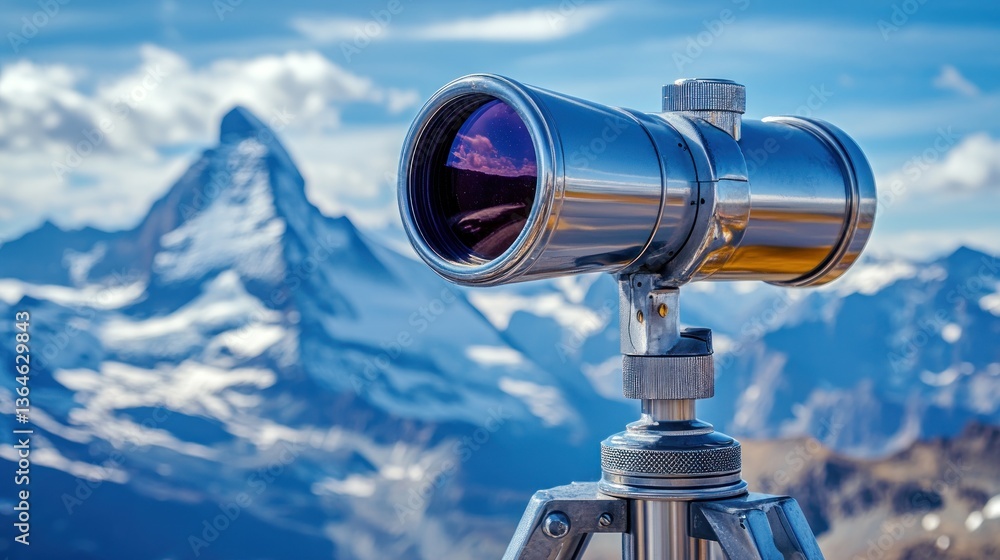 Metal telescope on tripod overlooking snow-capped mountains. Metal telescope on tripod overlooking snow-capped mountains.