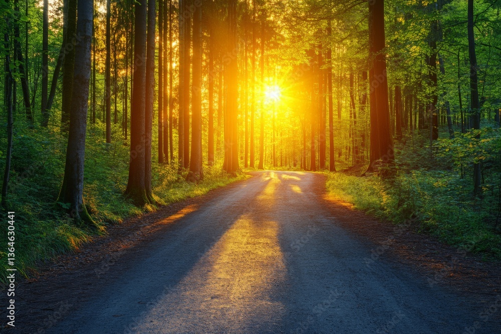 Fototapeta premium Serene forest road illuminated by golden sunset in tranquil wilderness setting