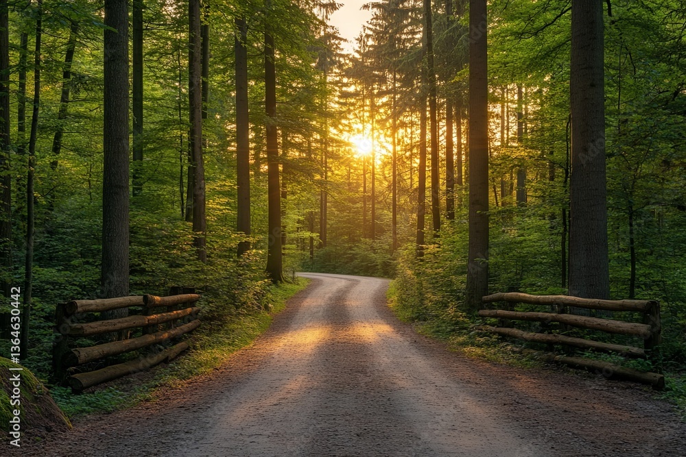 Fototapeta premium Sunrise over a winding forest path illuminated by morning light in a tranquil woodland setting