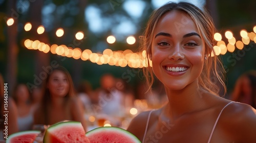 Elegant Mother serving watermelon slices while everyone chats and eats under string lights cozy USA family barbecue moment 
