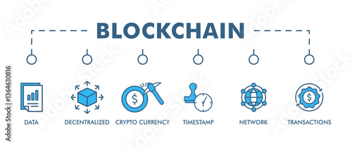 BLOCKCHAIN banner web icon vector illustration concept with icon of data, decentralized, crypto currency, timestamp, network and transactions 