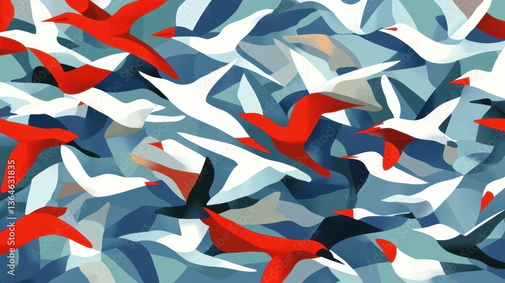 Abstract Birds Flying with Red White Flock, and Art Pattern.