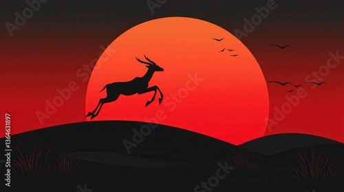 African Antelope Sunset Silhouette Jump.
