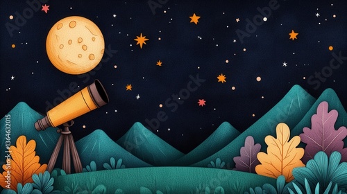 Bright moon and twinkling stars viewed through a telescope in a colorful cartoon landscape at night. Spring Astronomy Day