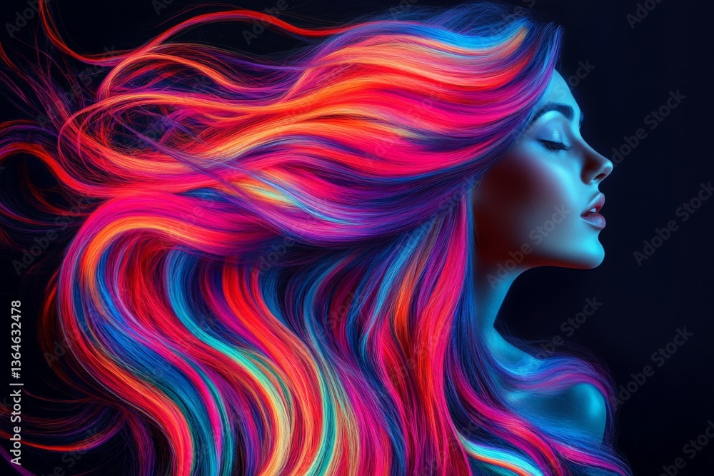 Vibrant display of colorful hair flowing in a side profile against a dark background Vibrant display of colorful hair flowing in a side profile against a dark background