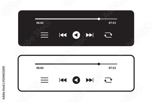 Music or video play bar icon. Audio player for songs or podcast playlist. Play, shuffle, repeat, rewind and fast forward buttons. Template of media player playback panel interface. EPS file 10