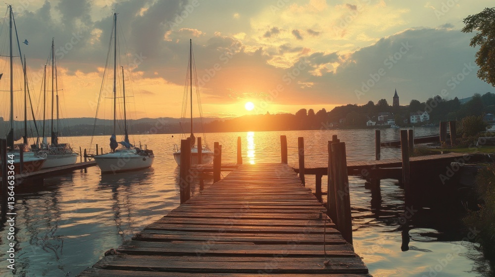 Fototapeta premium Peaceful sunset over a lake with boats and a wooden pier