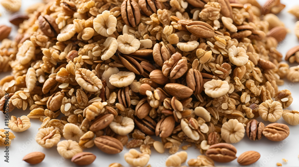 Discover the irresistible allure of a Close-up of crunchy granola scattered on a white background, healthy breakfast with oats, nuts, and honey Fuel your mornings with this wholesome delight, packed Discover the irresistible allure of a Close-up of crunchy granola scattered on a white background, healthy breakfast with oats, nuts, and honey Fuel your mornings with this wholesome delight, packed