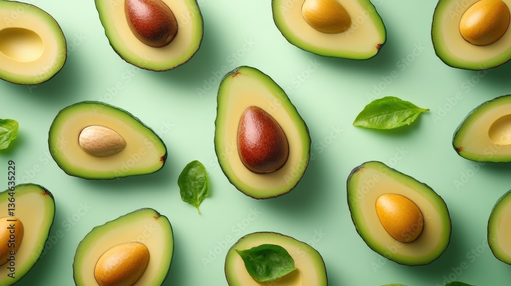 Overhead flat lay of numerous vibrant avocado halves artfully arranged on a soft pale green background with fresh basil leaves adding contrast and color Overhead flat lay of numerous vibrant avocado halves artfully arranged on a soft pale green background with fresh basil leaves adding contrast and color