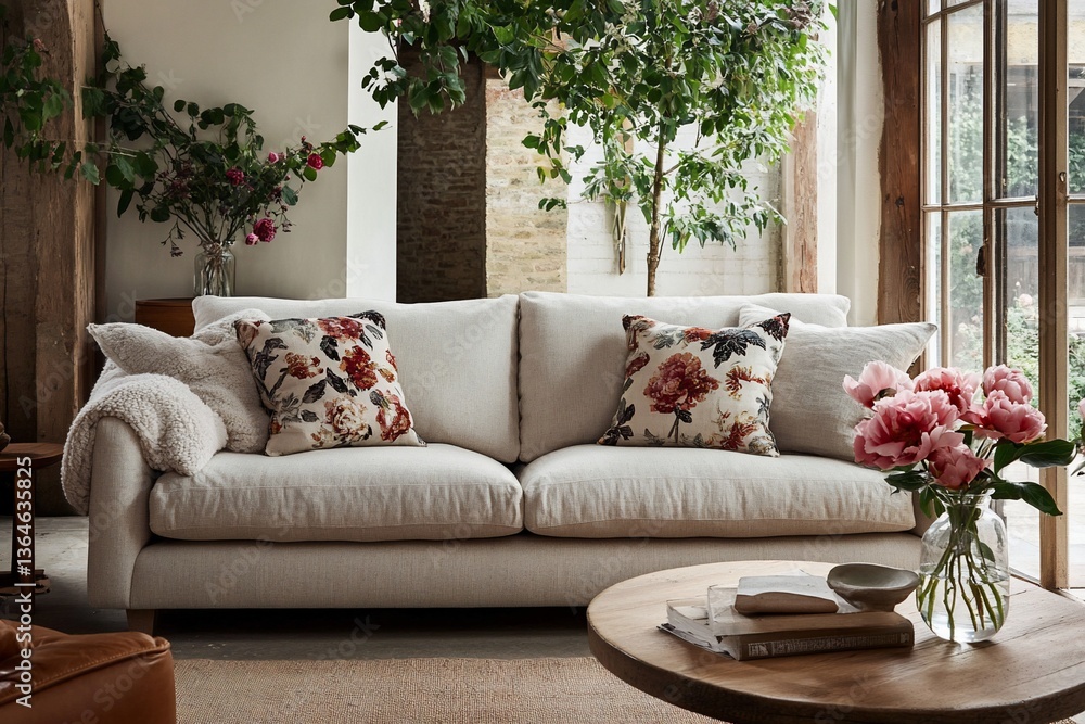 Naklejka premium Comfortable cream sofa with floral cushions in a bright living room.