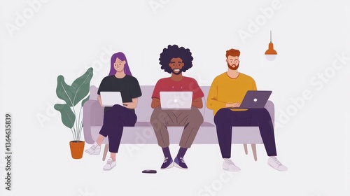 Diverse Team Working on Laptops on Sofa