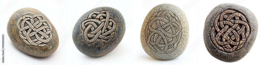 Intricate Celtic knot carvings adorn these smooth pebbles, showcasing historical artistry and craftsmanship that evoke sense of wonder