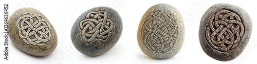Obraz na płótnie Intricate Celtic knot carvings adorn these smooth pebbles, showcasing historical artistry and craftsmanship that evoke sense of wonder w salonie