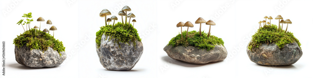 collection of unique stones adorned with vibrant green moss and delicate mushrooms, showcasing nature beauty and intricate details