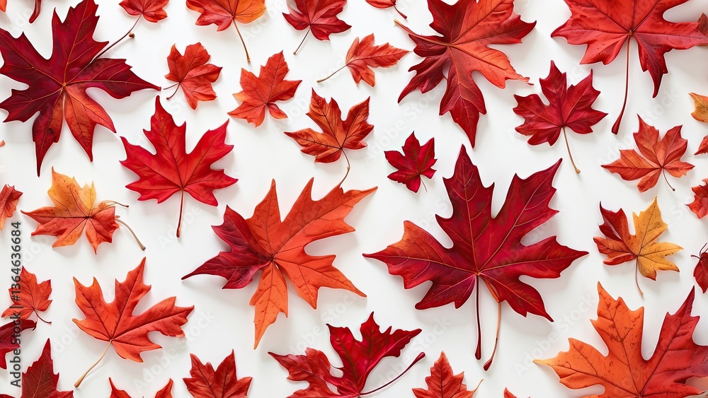 A seamless pattern featuring an arrangement of various red maple leaves scattered against a white background A seamless pattern featuring an arrangement of various red maple leaves scattered against a white background