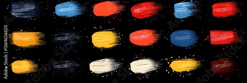 Collection of colorful paint brush strokes on black background for digital art, graphic design, or creative visual elements
