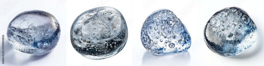 Frozen ice pebbles with embedded air bubbles showcase unique textures and shapes, reflecting light beautifully in winter setting