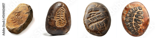 Fossilized stones showcasing ancient imprints of leaves and plants, each unique in texture and design, evoke sense of history and nature artistry