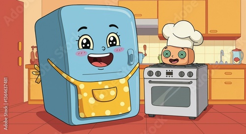 Friendly cartoon refrigerator and chef character in a kitchen  