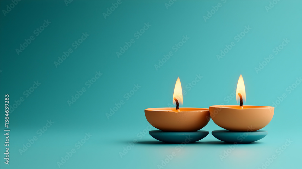Two Orange Candles with Flames on Teal Background Two Orange Candles with Flames on Teal Background