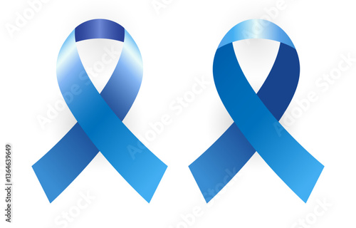 Set of blue ribbons symbols of support and awareness. Cute 3D design. Medical or charity emblem. Creative clip art of textile bow loop. Abstract template. Isolated graphic. Sample badge or icon.