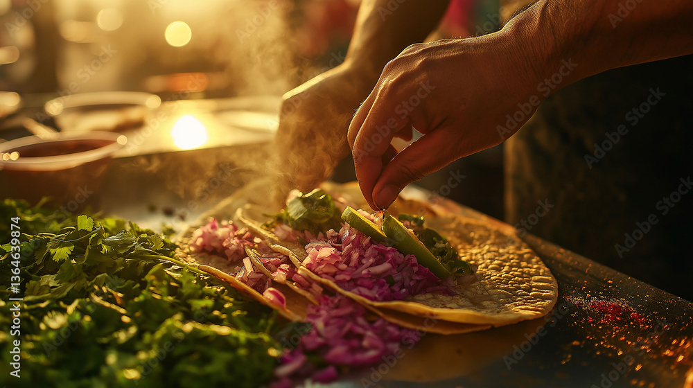 Fototapeta premium Tacos being served with fresh cilantro, pickled onions, and hot sauce, vendor adding a squeeze of lime, golden hour sunlight, street market scene