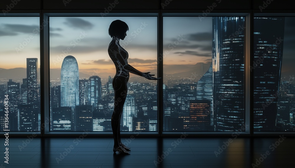 Fototapeta premium Futuristic AI Agent Silhouette Overlooking Cityscape at Sunset - Tech Vision
