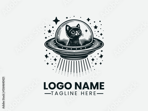 Alien Cat UFO Logo, Cat in Flying Saucer Glowing Lines Alien Logo Design