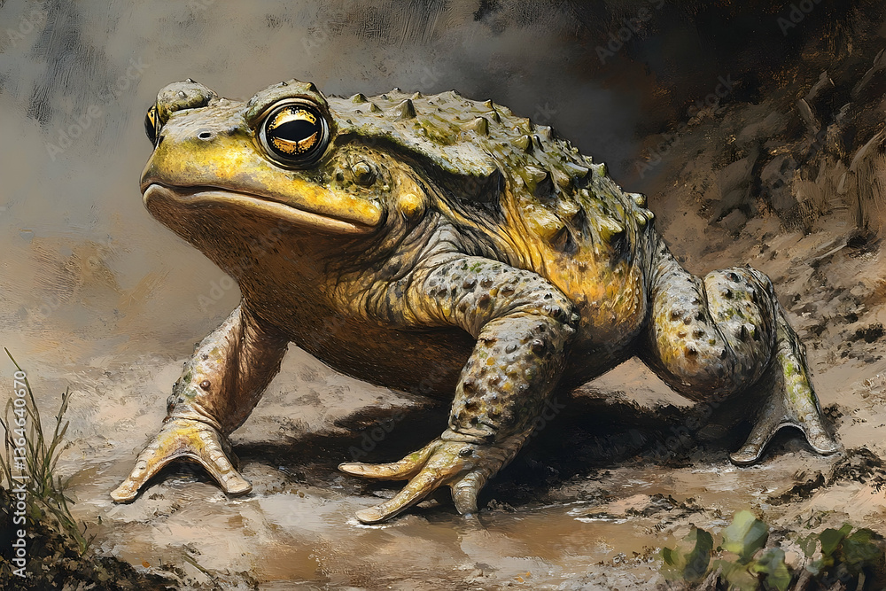 Fototapeta premium Captivating Close-Up of a Warty Toad with Golden Eyes in Natural Habitat