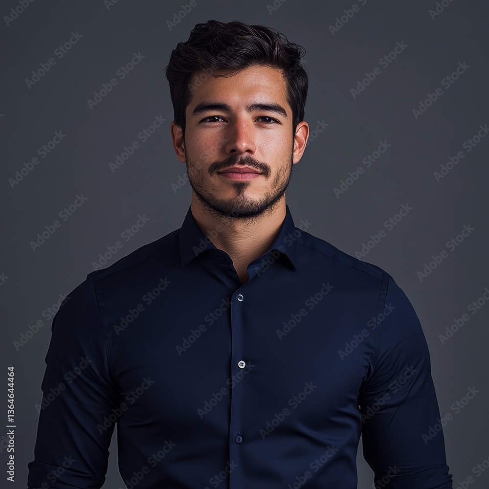 Fototapeta premium A portrait of a young man in a dark blue shirt against a neutral background, exuding confidence and professionalism.