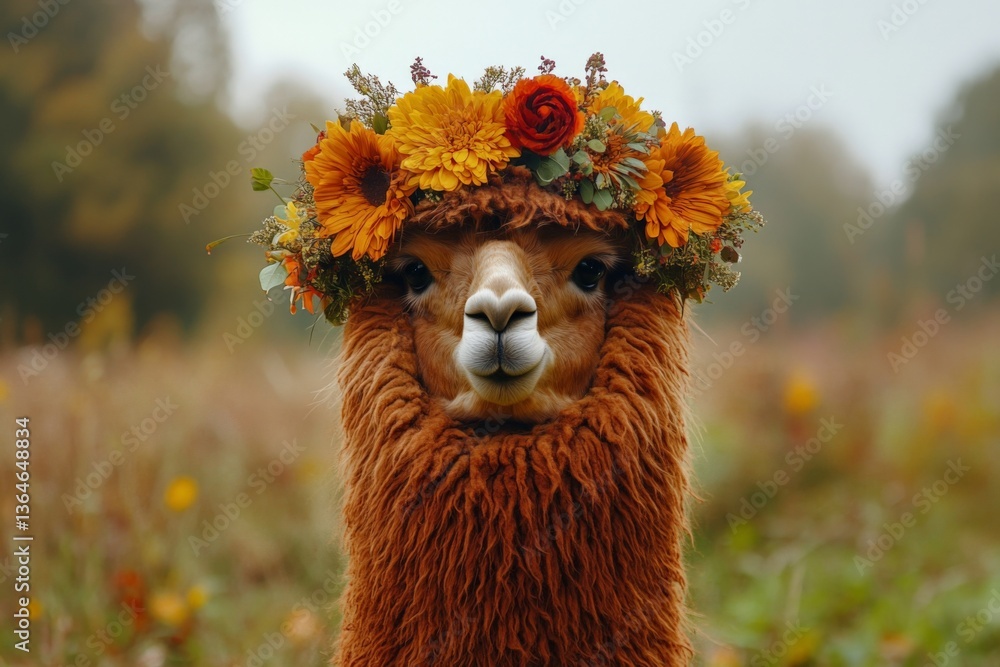 Naklejka premium Alpaca wearing a floral crown poses in a lush field on a misty autumn morning