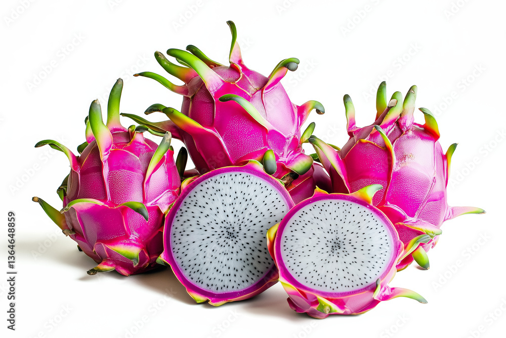 Multiple dragon fruits, some whole and some sliced open, arranged on a white background Multiple dragon fruits, some whole and some sliced open, arranged on a white background