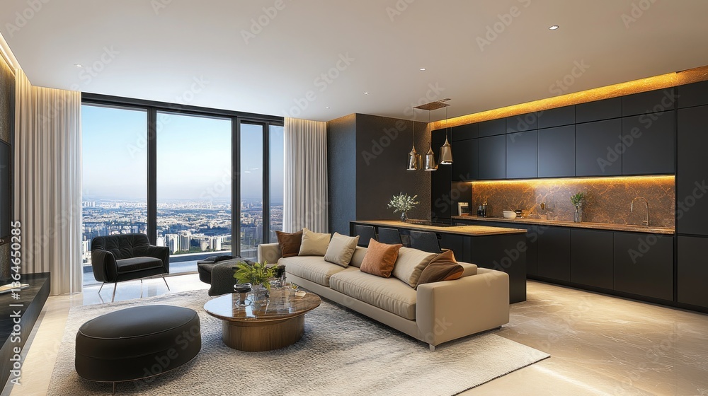 Modern apartment living room with city view, beige sofa, dark cabinetry, and floor-to-ceiling windows. Modern apartment living room with city view, beige sofa, dark cabinetry, and floor-to-ceiling windows.