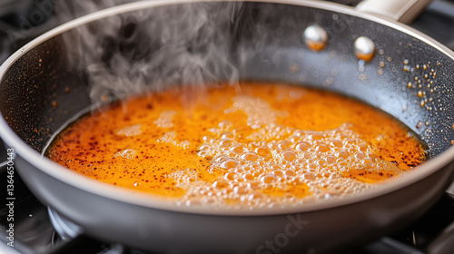 Hot bubbling oil in a frying pan