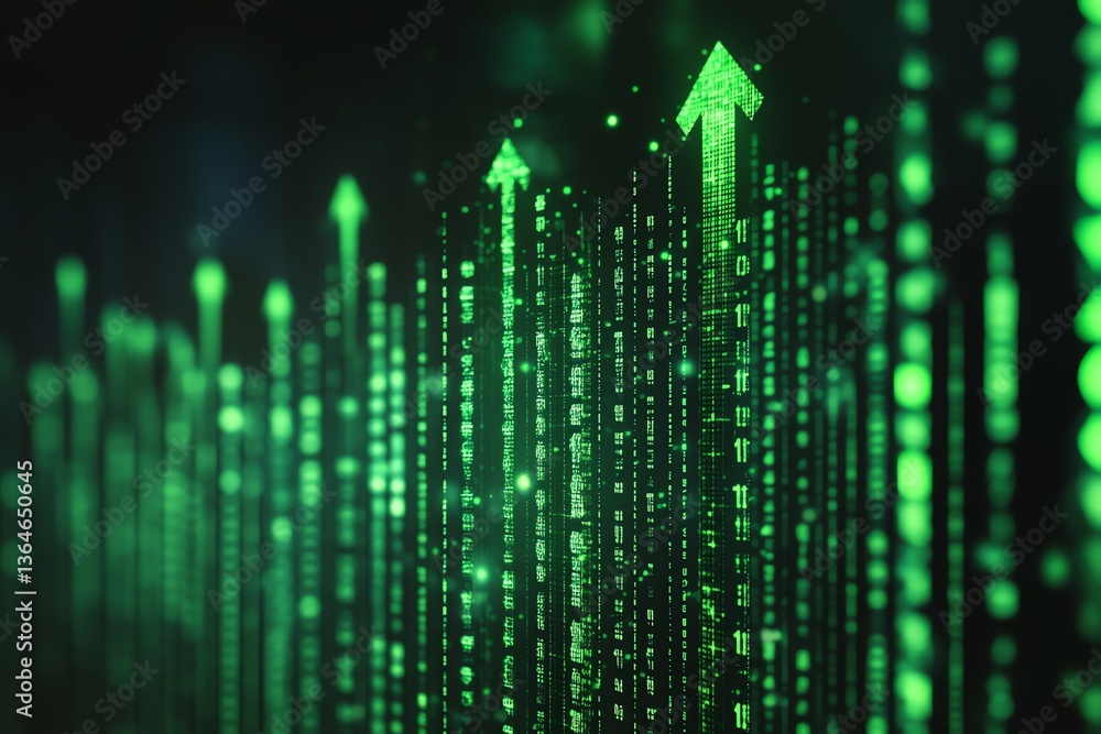 Green Digital Arrows Rising with Data Streams Shows Upward Trend Green Digital Arrows Rising with Data Streams Shows Upward Trend
