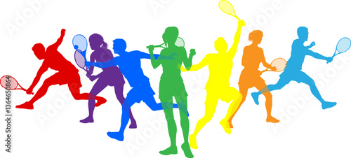 Silhouette Tennis players set. Active sports people healthy players fitness silhouettes concept.