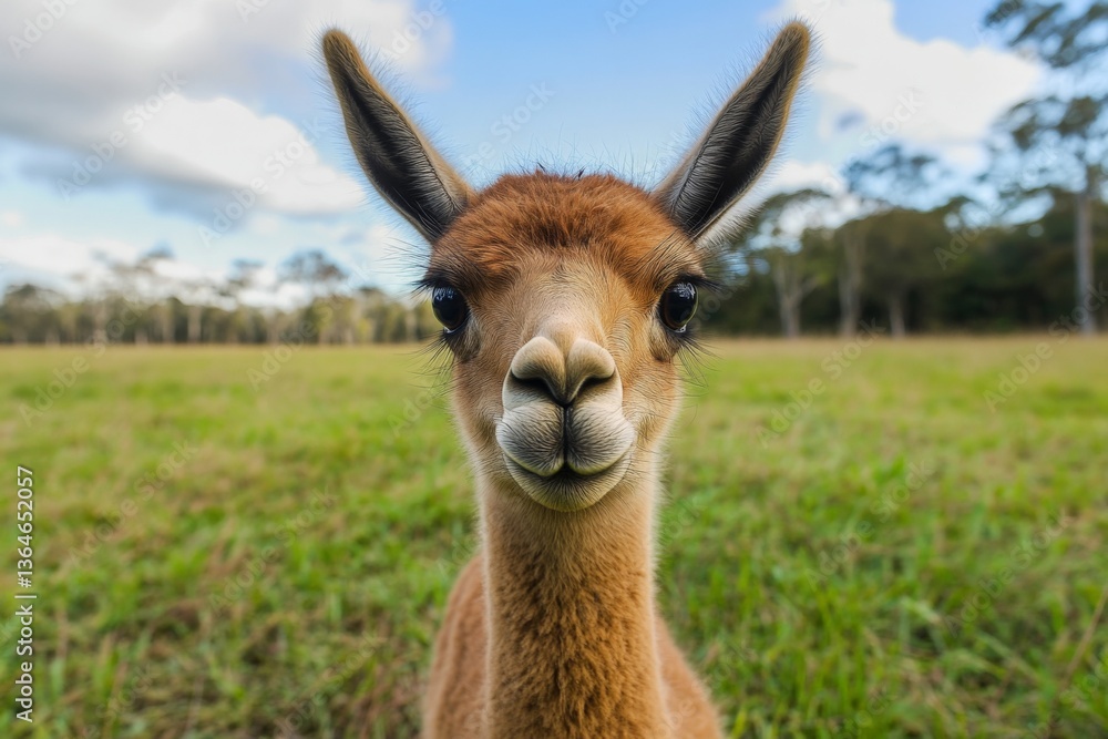 Fototapeta premium Unique baby llama stands proudly in a lush green field under a bright blue sky