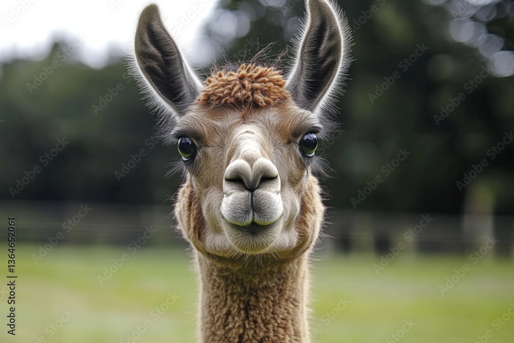Obraz premium Friendly llama gazes curiously in a lush green field under a cloudy sky during the afternoon