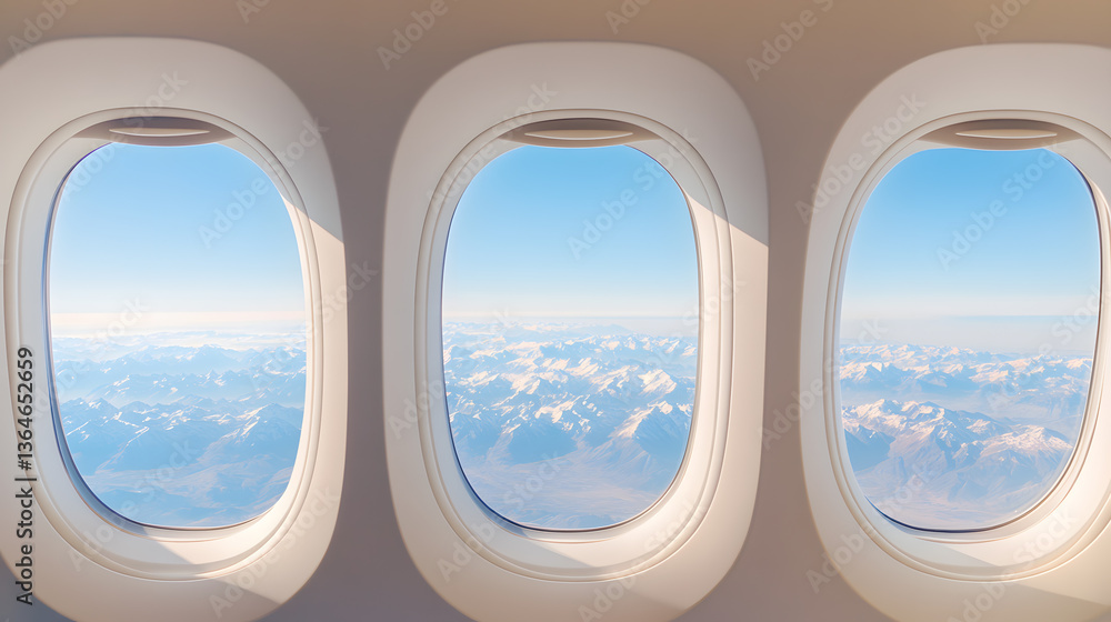 Fototapeta premium A high-resolution view from within an airplane cabin, showcasing three elegant oval windows through which a panoramic mountain range stretches far into the distance. The snow-capped peaks glisten