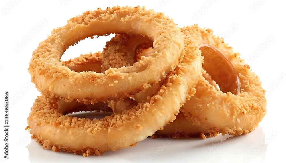 Golden Crispy Onion Rings Stacked on White Background Ready to Eat Golden Crispy Onion Rings Stacked on White Background Ready to Eat