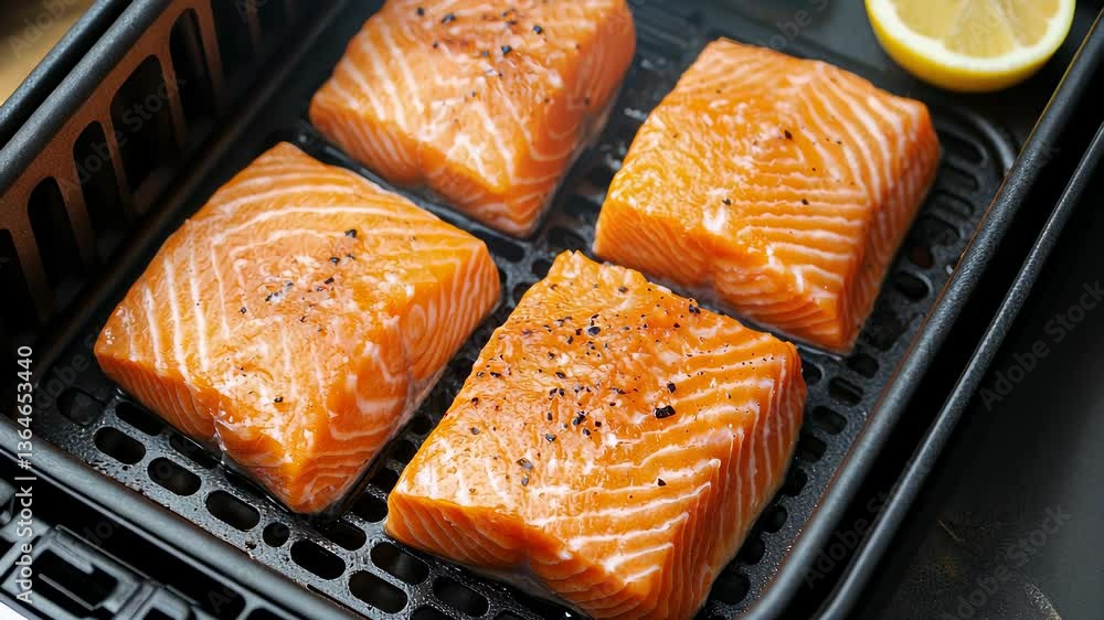 Cooking salmon fillets in a grill basket with lemon and spices for a tasty meal